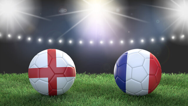 Two soccer balls in flags colors on stadium blurred background. England vs France. 3d image