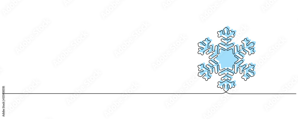 Fototapete One continuous line drawing of christmas snowflake. Winter and cold blue flake symbol in simple linear style. Holiday icon with empty space in editable stroke. Doodle vector illustration