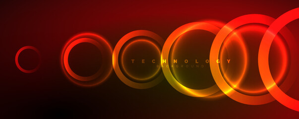 Neon glowing circles and round shape lines, magic energy space light concept, abstract background wallpaper design