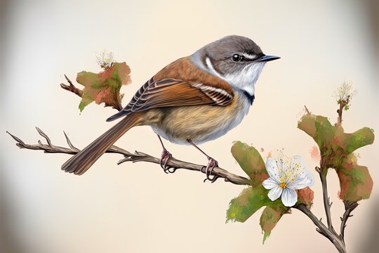 Sylvia communis, or the common whitethroat, perched on a branch.