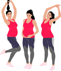 Hand-drawn set of a pregnant woman doing exercise wearing leggings and a top. Vector flat style illustration isolated on white. Full-length view