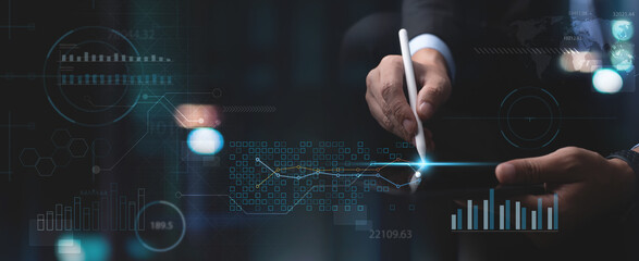 Business Intelligence, Data analysis concept. Businessman working on digital tablet computer with big data, financial graph growth chart on virtual screen, Global business network, data management