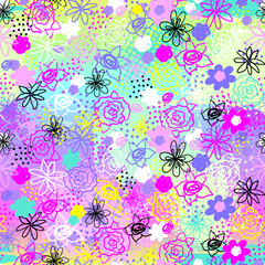 Vector  floral pattern with flowers . Cute wallpaper drawing in fashio style on neon background. Abstract seamless pattern for girls.