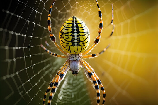 Argiope aurantia (yellow garden spider) vertical closeup on its web.