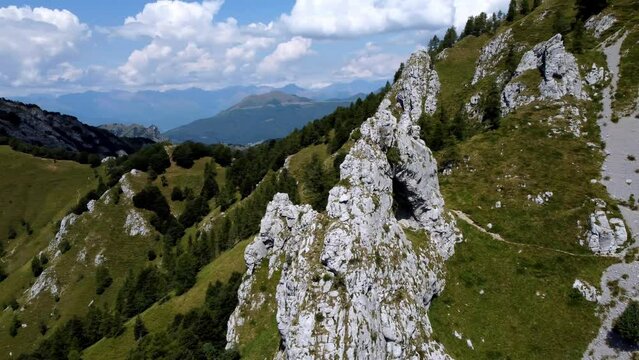 Orbit Shot Of Stunning Rock Formation In Mountains Near Como Lake, Porta Di Prada Plave, Italy