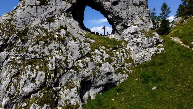 Crane Shot Of Distinctive Rock Formation In Mountains Near Como Lake, Porta Di Prada Plave, Italy