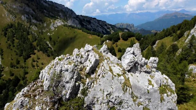 Jib Shot Of Distinctive Rock Formation In Mountains Near Como Lake, Porta Di Prada Plave, Italy