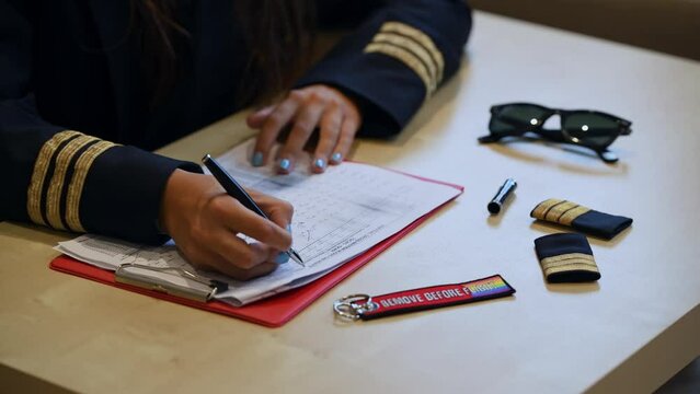 Unrecognizable female pilot preparing flight documentation on a tablet. Electronic flight bag. Selective focus