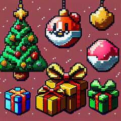 Obraz na płótnie Canvas Pixel Art of Fun Holiday gifts and ornaments for Christmas