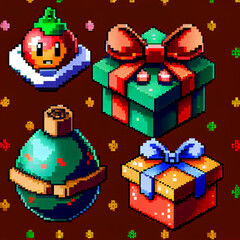 Pixel Art of Fun Holiday gifts and ornaments for Christmas