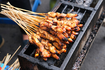Sate Ayam (Chicken satay) with peanut sauce. One of the popular street food in Indonesia.
