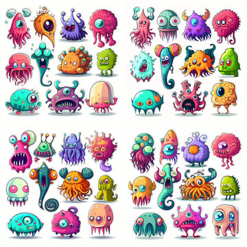 set of cartoon monsters illustration sprite sheet style  