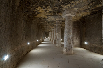 The southern entrance hallway leading to the main burial chamber of yhe Step pyramid of Djoser, at a funerary complex (necropolis) in Saqqara, Egypt.  Travel and history.