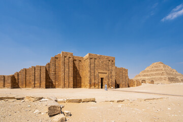 Step pyramid of Djoser funerary complex (necropolis) in Saqqara, Egypt.  Travel and history.