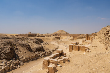 Step pyramid of Djoser funerary complex (necropolis) in Saqqara, Egypt.  Travel and history.