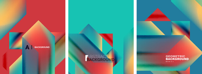 Vector set of abstract geometric poster backgrounds, colorful shapes with fluid colors. Collection of covers, templates, flyers, placards, brochures, banners