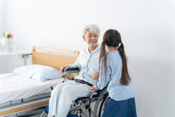 Fototapeta premium 車椅子に乗った高齢者をお見舞いする女の子