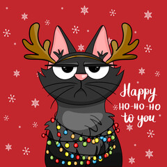 Vector christmas card with grumpy cat with garland character party time congratulatory funny postcards with slogans lettering. Cartoon flat style ideal for cards posters, social media.