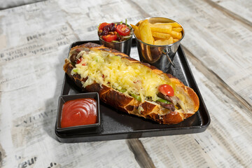 Cheese beef sandwich served with french potatoes