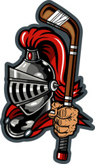 knights mascot holding hockey stick for school, college or league sports