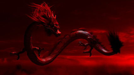 Chinese New Year Concept with Flying Dragon against a Cloudy Sky. Red design with copy-space.