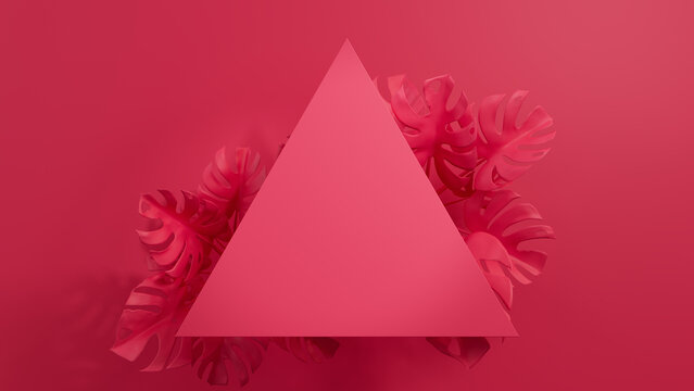 Pink, Monstera Plant Border with Triangle Botanical Frame. Contemporary Background with copy-space.