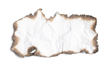 Fototapeta premium Piece of crumpled paper with dark burnt borders on white background, top view. Space for text
