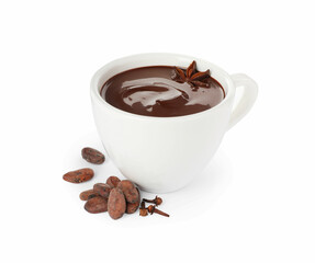 Cups of delicious hot chocolate with spices on white background