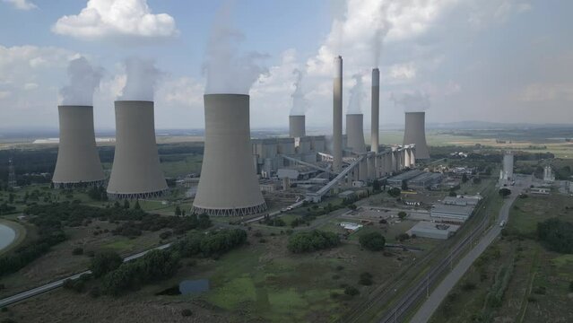 Rising aerial tilt of Lethabo coal fired Power Station in South Africa