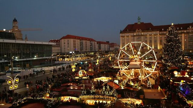 Striezelmarkt Christmas market at night in Dresden, Germany. Holiday atmosphere.