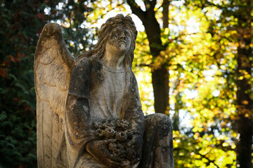 Fototapeta na wymiar Beautiful statue of angel at cemetery, space for text