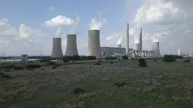 Low aerial approach to Lethabo Power Station, Vereeniging, S Africa