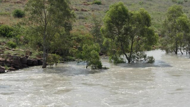 People inspect flooded shoreline of South African Vaal River in spring