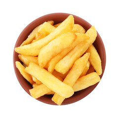 Bowl with delicious french fries on white background, top view