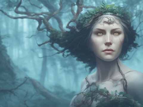 Portrait of the Goddess of the Forest. A beautiful and powerful druid in her gloomy and mystical forest realm. Digital artwork. Epic fantasy.