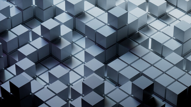 Grey, Glossy Cubes Perfectly Constructed to create a Innovative Tech Background. 3D Render.