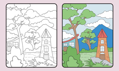 learn coloring for kids and elementary school. Tower, house, mountain and etc.