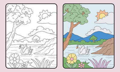 learn coloring for kids and elementary school. swans, lakes, mountains and others.