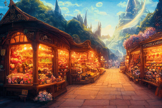 Fantasy city with bizarre lighting, spectacular digital art AI generated image medieval fantasy flower shops in the market. Street market in a fantasy setting with a warm tone like a fairy tale.
