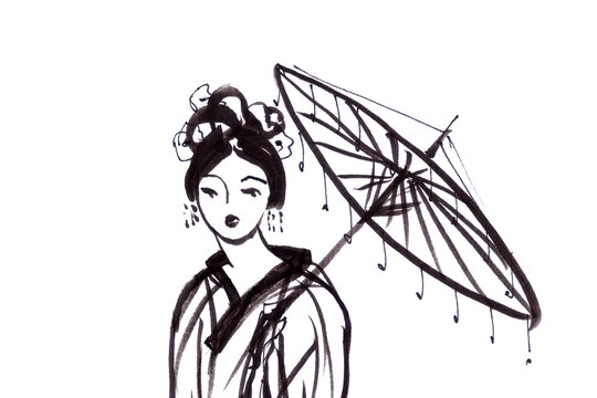 girl with paper umbrella in ancient hanfu chinese style ink painting on rice paper