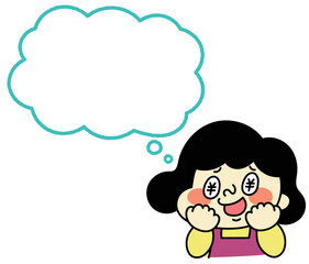 ふきだし　 お金について考えているコミカルな女性キャラクターイラスト素材