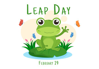 Happy Leap Day on 29 February with Cute Frog in Flat Style Cartoon Hand Drawn Background Templates Illustration