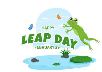 Obraz premium Happy Leap Day on 29 February with Cute Frog in Flat Style Cartoon Hand Drawn Background Templates Illustration