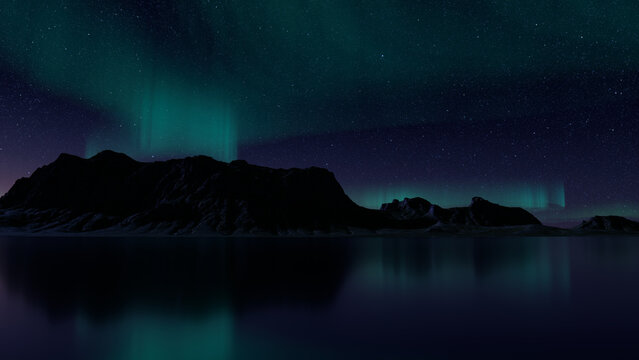 Beautiful Sky with Aurora and Stars. Blue Northern Lights Banner with copy-space.