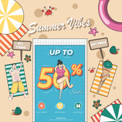 Summer sale promotion with set of characters and beach illustration
