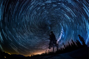 nighttime long exposure astrophotography of the sky, stars swirling in the void