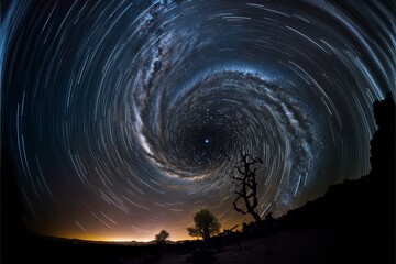 nighttime long exposure astrophotography of the sky, stars swirling in the void