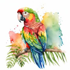 Watercolor illustration of a cartoon parrot. Tropical birds. Cute watercolor animals.