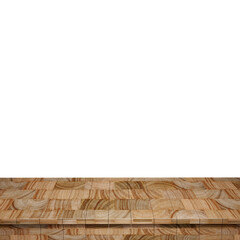 Wooden table foreground, wood table top front view 3d render isolated