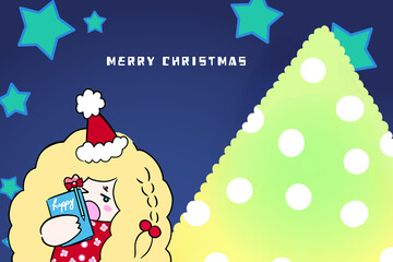 メリークリスマス　クリスマスカード　クリスマスツリー　サンタ　女の子　イラスト